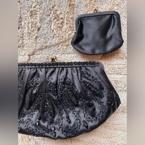 Vintage Elegant Black Beaded Clutch with Coin Purse